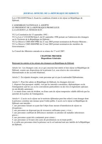 JOURNAL OFFICIEL DE LA RÉPUBLIQUE DE DJIBOUTI Loi n°201 ...