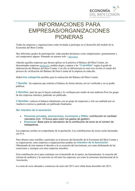 INFORMACIONES PARA EMPRESAS/ORGANIZACIONES PIONERAS