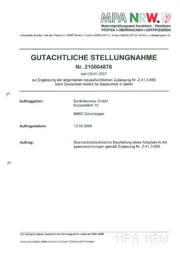 Gutachterliche Stellungnahme MPA Erwitte - geba Brandschutz