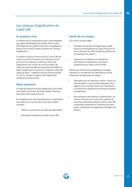 niveaux d'application du cadre GRI - Global Reporting Initiative