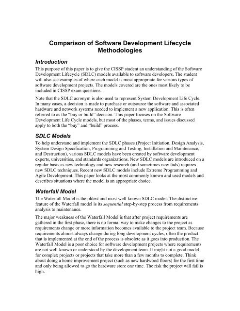 Comparison of Software Development Lifecycle Methodologies - Giac