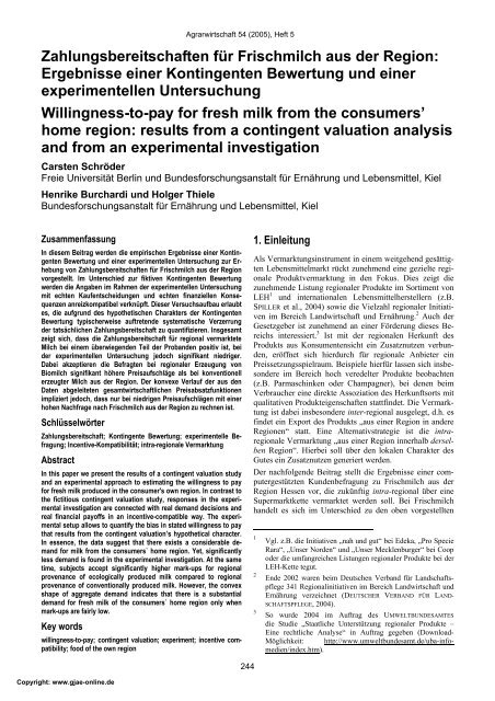 Zahlungsbereitschaften für Frischmilch aus der Region - German ...