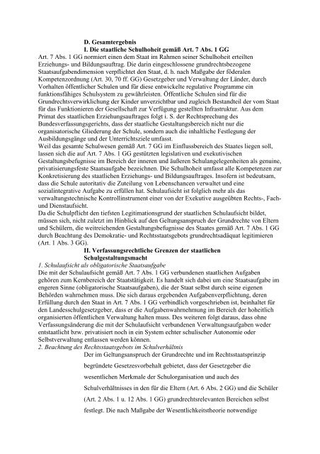 D. Gesamtergebnis I. Die staatliche Schulhoheit gemäß Art. 7 ... - GEW