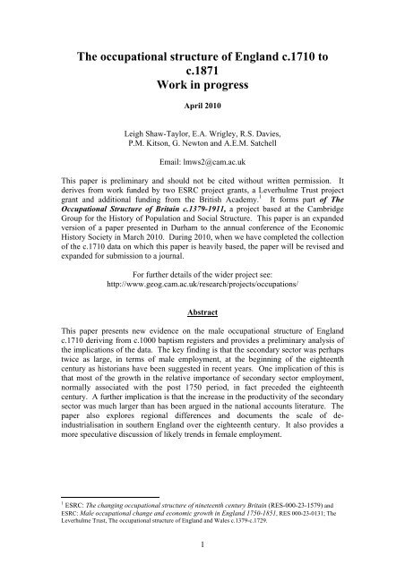 3 The Occupational Structure of England c.1710 - University of ...