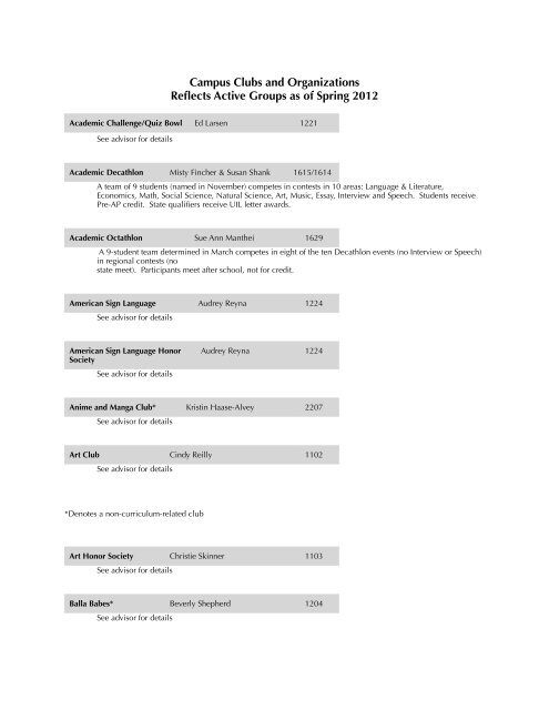 Campus Clubs and Organizations Reflects Active Groups as of ...