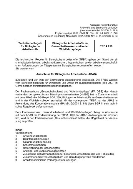 TRBA 250 - Infektionsschutz.gesundheitsdienstportal.de