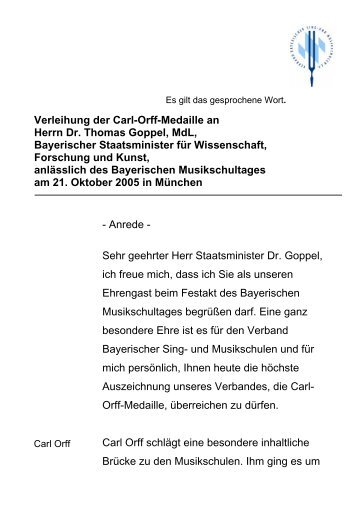 Verleihung der Carl-Orff-Medaille an Herrn Dr. Thomas Goppel, MdL ...