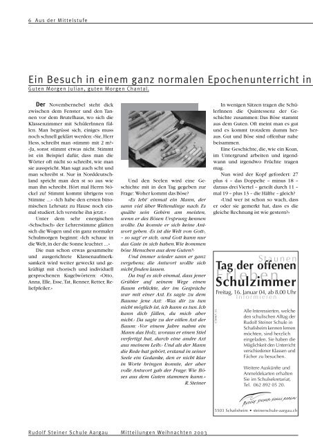 Mitteilungen Weihnachten 2003 - Rudolf Steiner Schule Aargau