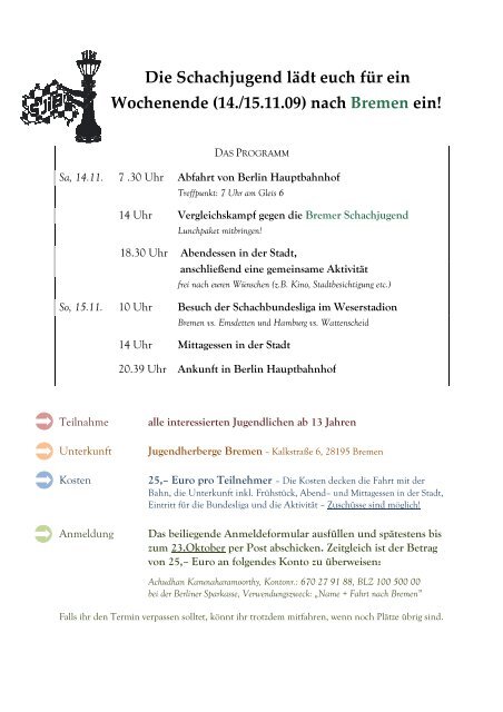 Die Schachjugend In Berlin Ladt Euch Fuer Ein Wochenende In Die