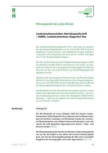 KABEG; Landeskrankenhaus Klagenfurt Neu - Der Rechnungshof