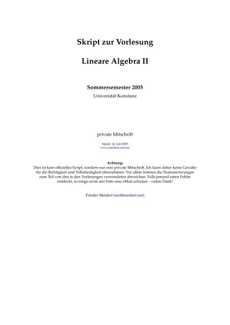 Skript Zur Vorlesung Lineare Algebra Ii