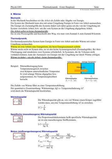 Physik EI01 Thermodynamik - Erster Hauptsatz Seite 4. Wärme In ...