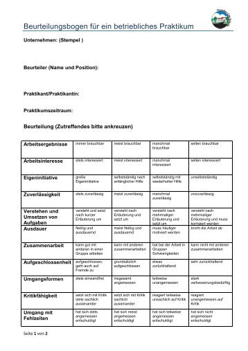 Vordruck Praktikumsbeurteilung (Betrieb)