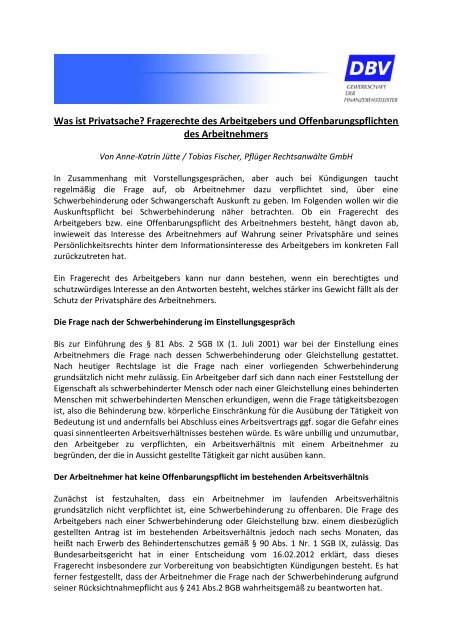 Auskunftspflicht bei Schwerbehinderung - DBV