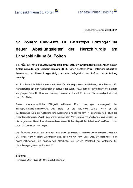 St. Pölten: Univ.-Doz. Dr. Christoph Holzinger ist neuer ...