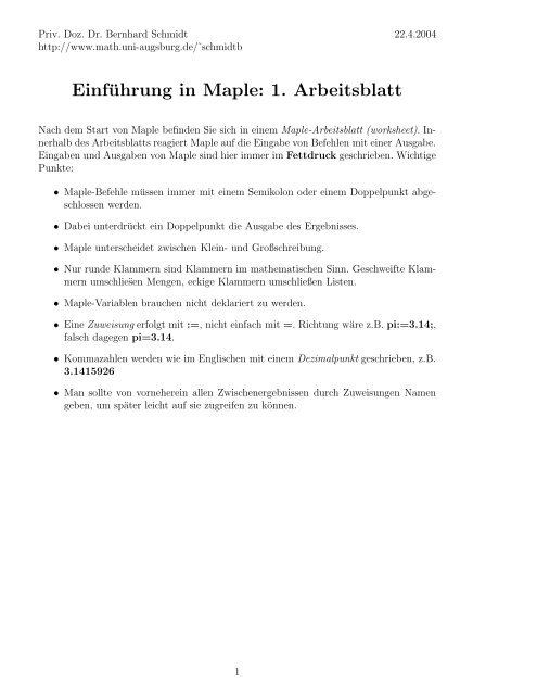 Einführung in Maple: 1. Arbeitsblatt