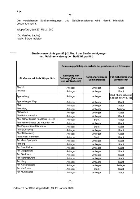 Straßenreinigungs- und Gebührensatzung - Wipperfürth