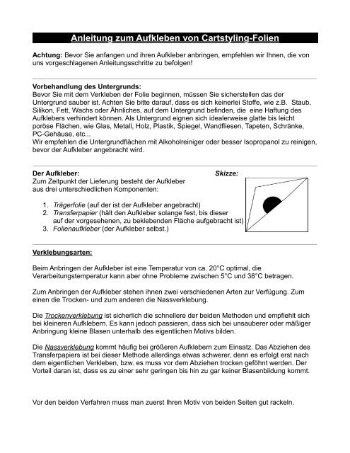 Anleitung Zum Aufkleben Von Cartstyling Folien Mydruck Store De
