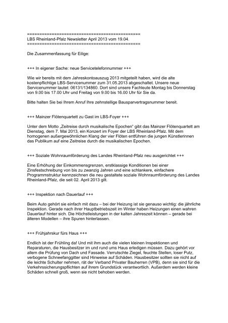 LBS Rheinland-Pfalz Newsletter April 2013 vom 19.04.