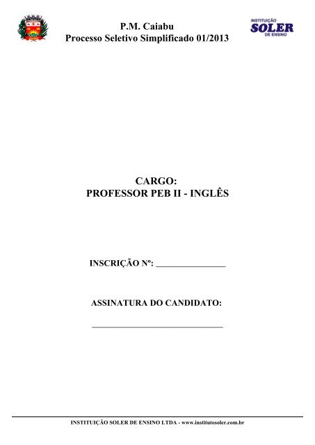 CARGO: PROFESSOR PEB II - INGLÊS - Instituição Soler de Ensino