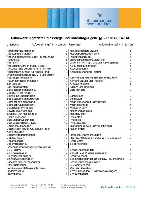 Aufbewahrungsfristen fr Belege und Datentrger gem.  257 HBG ...