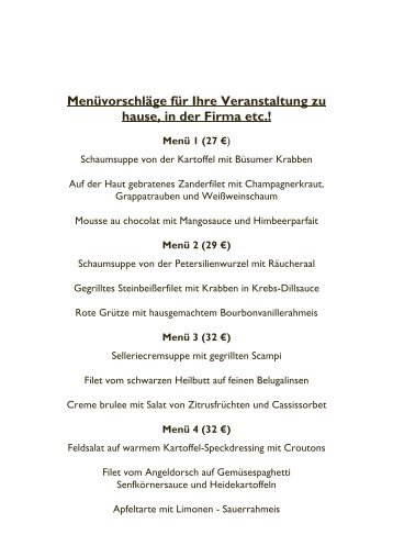 Menüvorschläge für Ihre Veranstaltung zu hause, in der Firma etc.!