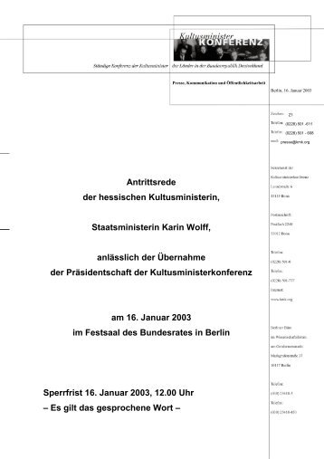 Volltext der Rede von Karin Wolff - Kultusministerkonferenz (KMK)