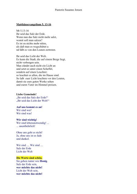 8 Sonntag Nach Trinitatis Mt 5 13 16 Ihr Seid Susanne Jensen