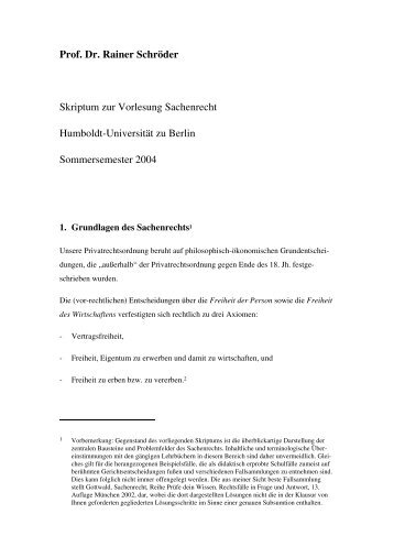 Prof. Dr. Rainer Schröder Skriptum zur Vorlesung Sachenrecht ...