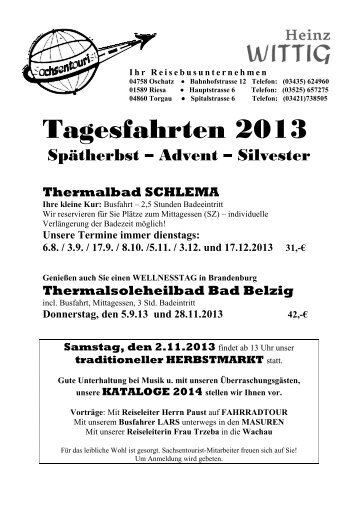 Tagesfahrten 2013 - Sachsentourist Wittig