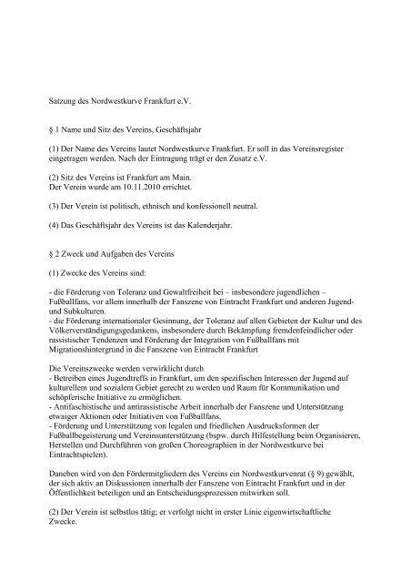 Satzung des Nordwestkurve Frankfurt e.V. § 1 Name und Sitz des ...