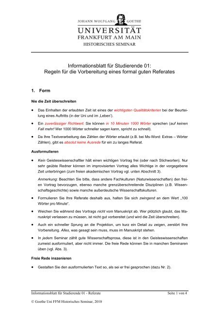 Informationsblatt für Studierende 01: Regeln für die Vorbereitung ...
