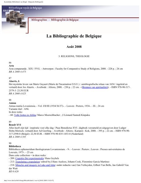 La Bibliographie de Belgique Août 2008 - Koninklijke Bibliotheek ...