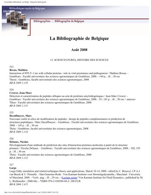 La Bibliographie de Belgique Août 2008 - Koninklijke Bibliotheek ...