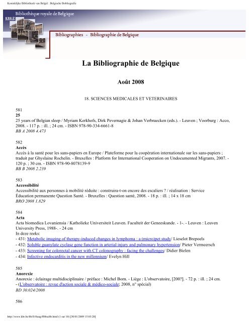 La Bibliographie de Belgique Août 2008 - Koninklijke Bibliotheek ...