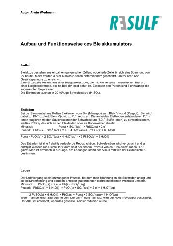 Aufbau und Funktionsweise des Bleiakkumulators - Resulf.de