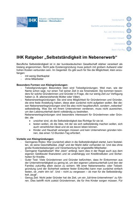 IHK Ratgeber „Selbstständigkeit im Nebenerwerb“