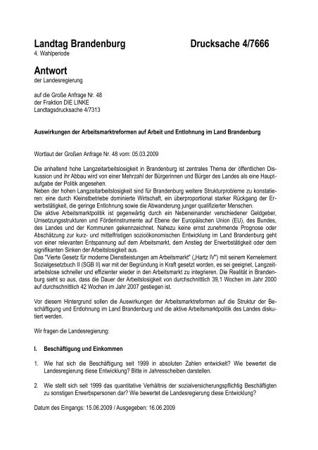 Landtag Brandenburg Drucksache 4/7666 Antwort - LASA ...