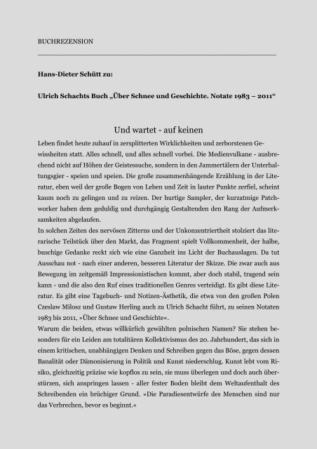 Ulrich Schacht, Über Schnee und Geschichte ... - Gedenkbibliothek