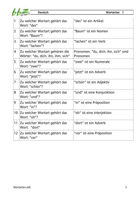 Was ist gestern für eine wortart ? 2 1 zu welcher wortart gehort das wort quotdesquot quotdesquot ist lernspielede