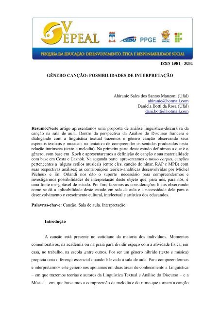 GÊNERO CANÇÃO: POSSIBILIDADES DE INTERPRETAÇÃO ...