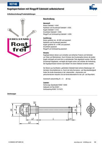 K0746 Kugelsperrbolzen mit Ringgriff Edelstahl selbstsichernd - KIPP