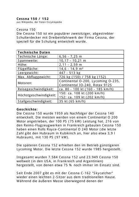 Cessna 150 / 152 Cessna 150 Die Cessna 150 ist ein populärer ...