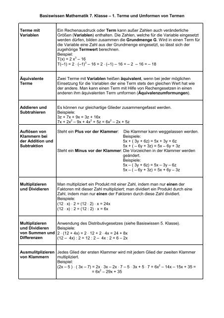 Basiswissen Mathematik 7. Klasse – 1. Terme und Umformen von ...