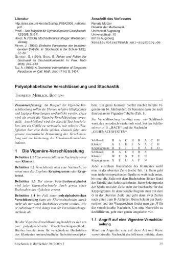 Thorsten Mehlich: Polyalphabetische Verschlüsselung und Stochastik