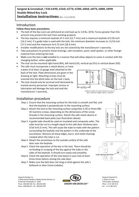 Installation instructions - Sargent and Greenleaf