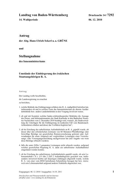 Antrag zur Einbürgerung von - Landtag Baden Württemberg