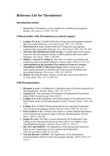 Reference List for Thrombotest - Alere AS