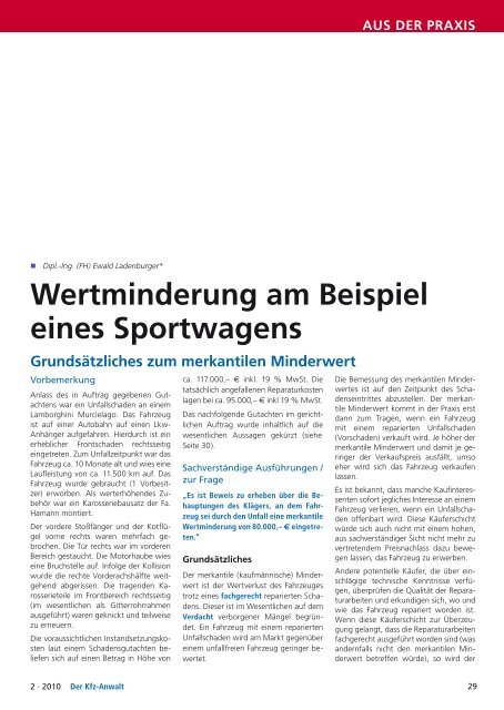 Wertminderung am Beispiel eines Sportwagens