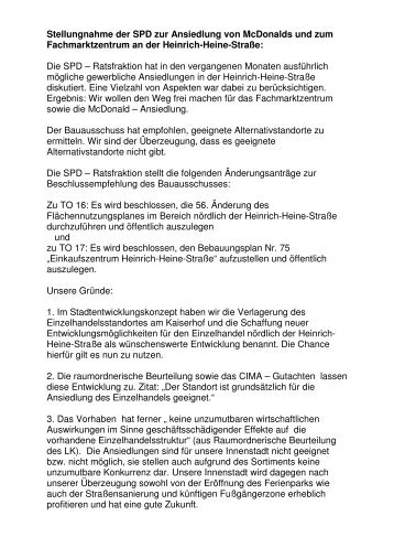 Stellungnahme der SPD zur Ansiedlung von McDonalds und zum ...